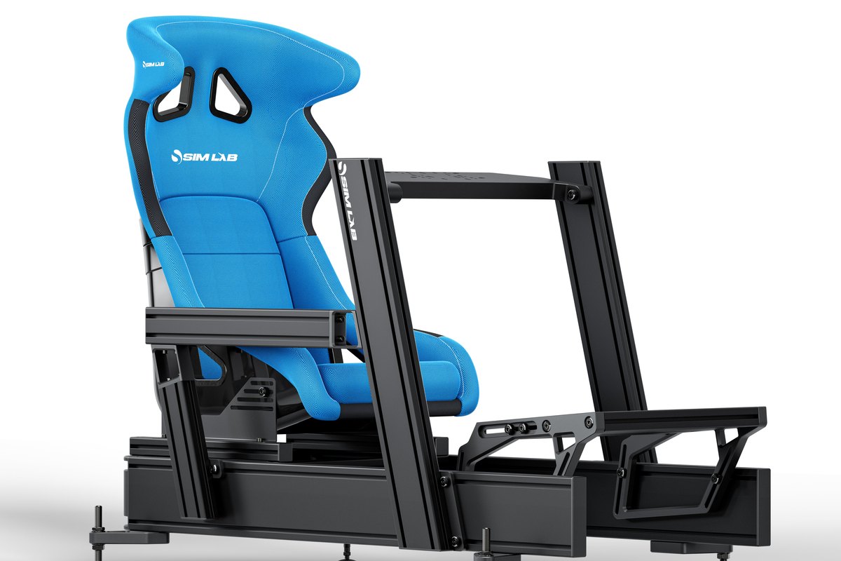 Sim seat mounted on an aluminum profile rig: Sim-Lab S1 on a P1X Pro