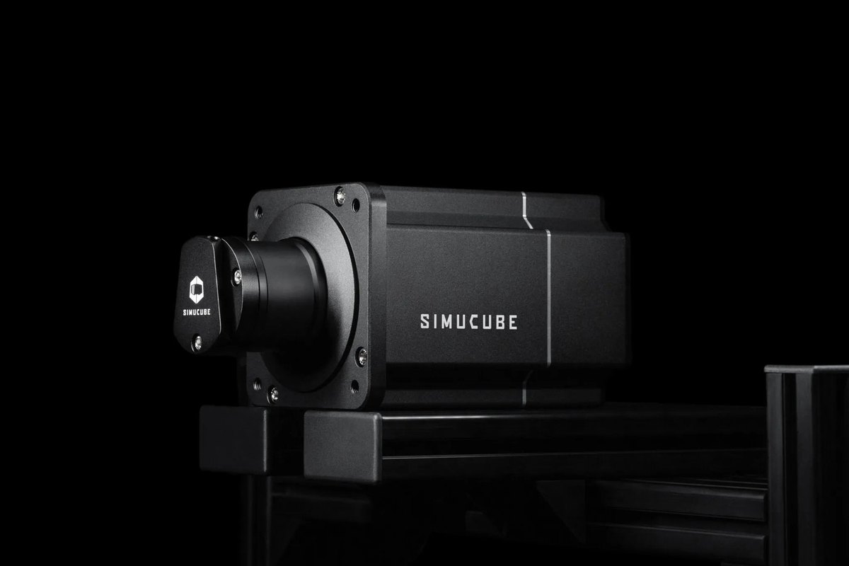 Simucube 2 direct drive wheelbase mounted on a rig, no wheel attached